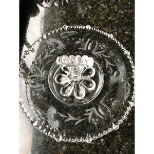 VTG Handled Glass Clear Floral Etched Serving Dish Plate Sandwich Tidbit Tray